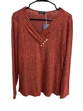 Sampeel Ribbed Long Sleeve V-Neck Top Rust Orange Sz Large Textured Cozy NWT